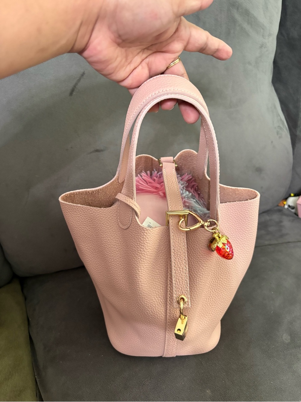 Pink Leather Tote Bag with Strawberry Charm